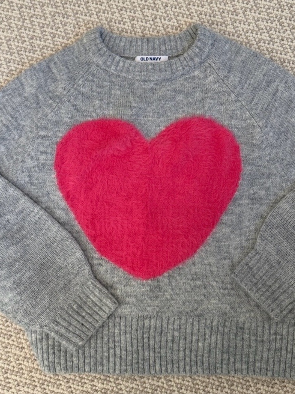 Old Navy Gray Cropped Crewneck Sweater with Hot Pink Fuzzy Heart